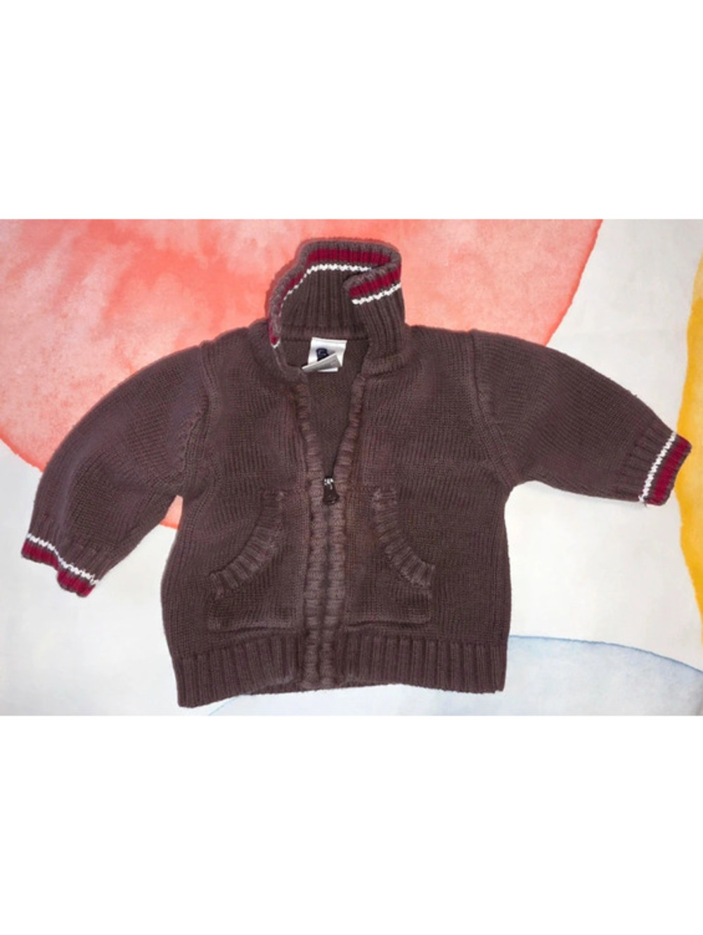 GAP Brown Red White Striped Knit Full Zip Mock Neck Sweater Newborn